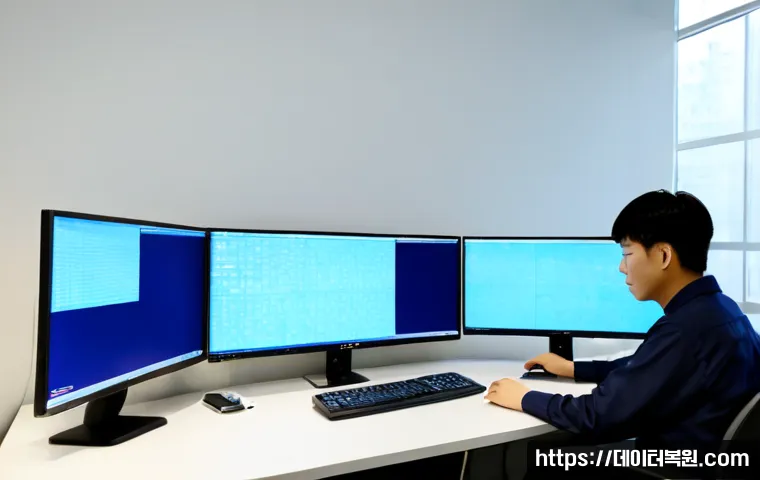 토정동 POOL_HEADER_CORRUPTION - Photorealistic IT support workstation in a compact Seoul riverside office, dual monitors displaying ...