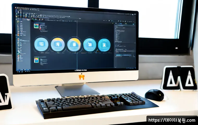 창동 STATUS_DISK_WRITE_FAILURE - Photorealistic product design workstation in a Changdong-inspired creative studio, dual blank monito...
