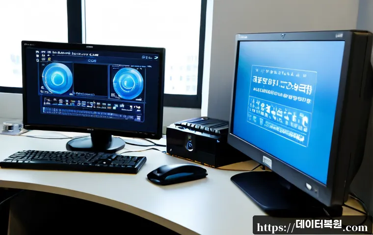 삼양동 WIN32K_POWER_WATCHDOG_TIMEOUT - Photorealistic IT support workstation in a compact Samyang-dong apartment office, dual monitors show...