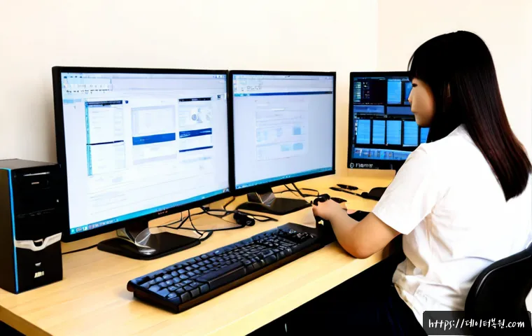 가리봉 STATUS_ACCESS_VIOLATION - Photorealistic remote IT support workstation in a compact apartment office near Garibong, dual monit...