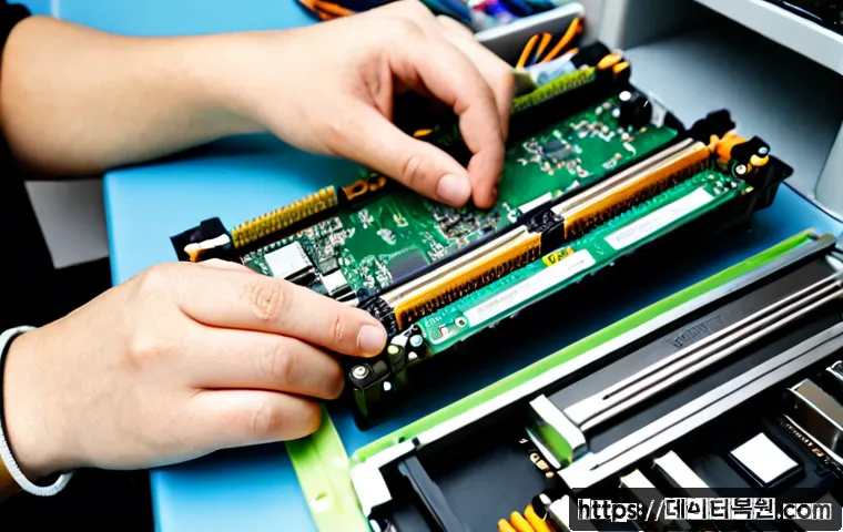 수하동 RAM조립 및 교체수리 - Photorealistic close-up of a skilled computer technician installing two new RAM modules into a clean...