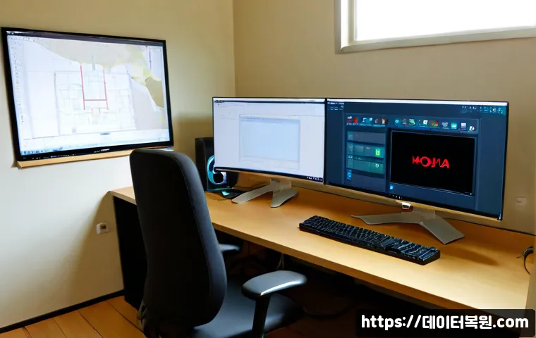 효자동 SYSTEM_LICENSE_VIOLATION - Photorealistic software support workstation in a quiet Hyoja-dong apartment office, dual monitors sh...