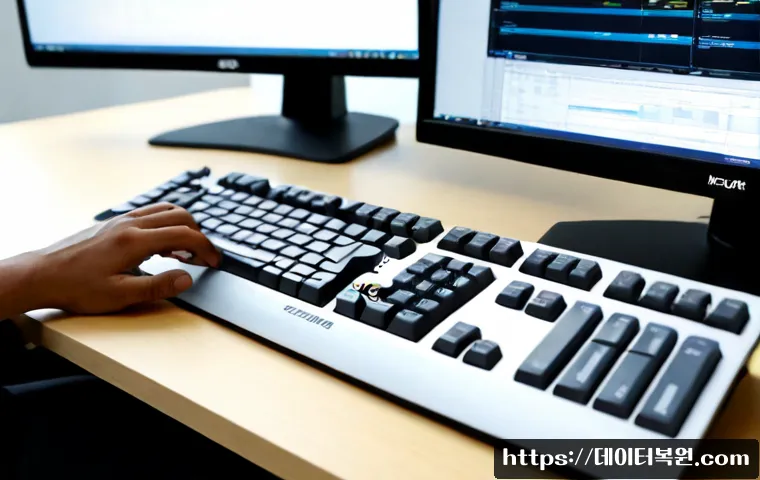 오포읍 press f4 key - Photorealistic remote-support workstation in a quiet suburban office near Opo-eup, close view of a h...