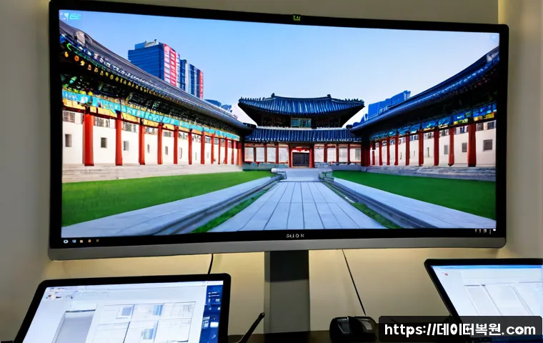세종로 STATUS_FILE_READ_FAILURE - Photorealistic architectural workstation near a broad historic boulevard, dual monitors showing a de...