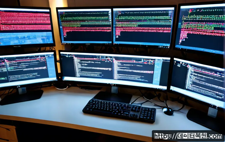 영천동 STATUS_STACK_OVERFLOW - Photorealistic modern software engineer workstation in Yeongcheon-dong, dual monitors showing a dens...