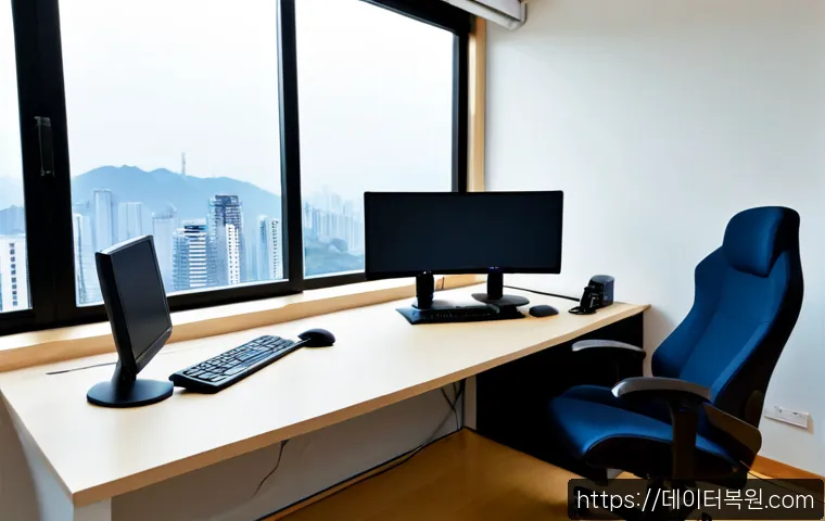 주성동 STATUS_PRIVILEGED_INSTRUCTION - Photorealistic modern workstation in a quiet Juseong-dong apartment office, dual monitors displaying...