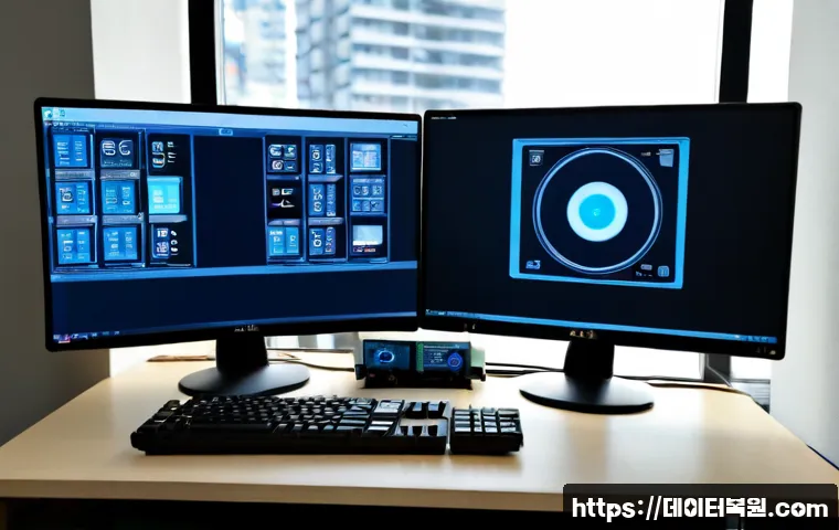 행신동 NMI_HARDWARE_FAILURE - Photorealistic remote-support workstation in Haengsin-dong, dual monitors showing a frozen CAD assem...