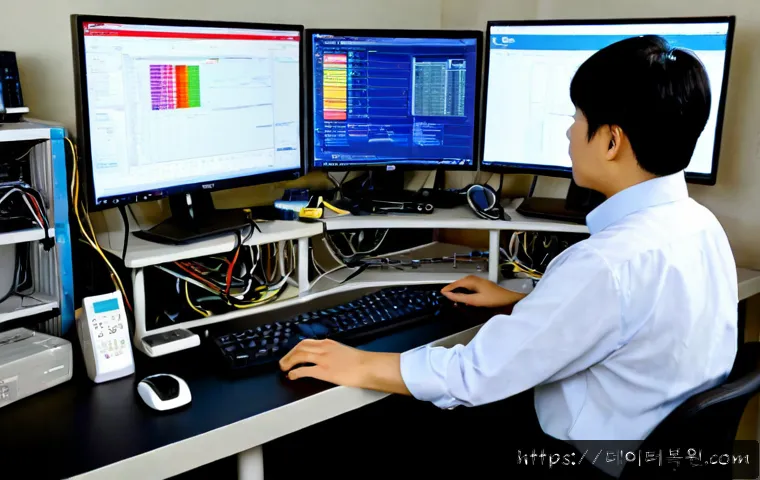미아리 STATUS_KERNEL_LOG_FAILURE - Photorealistic IT support workstation in a compact Mia-ri apartment office, dual monitors showing a ...