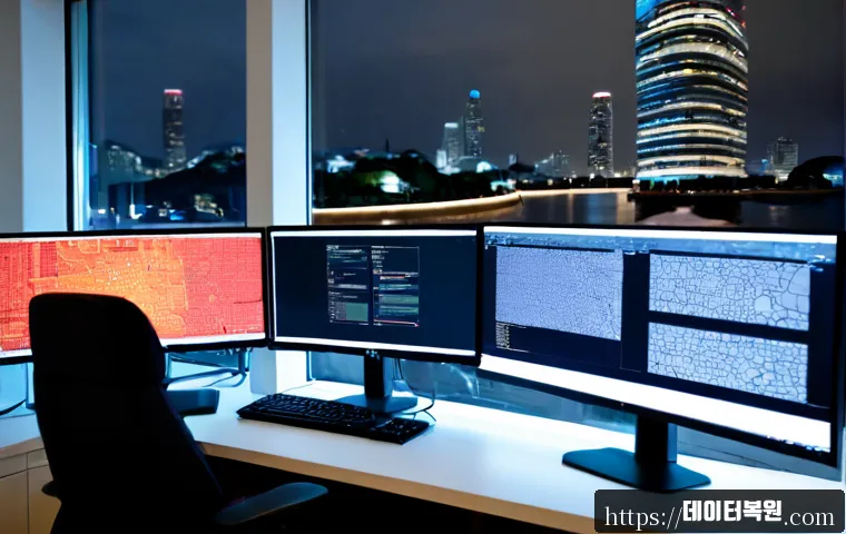 덕은동 ATTEMPTED_EXECUTE_OF_NOEXECUTE_MEMORY - Photorealistic cybersecurity analyst workstation in a modern Deogeun-dong office, dual monitors show...