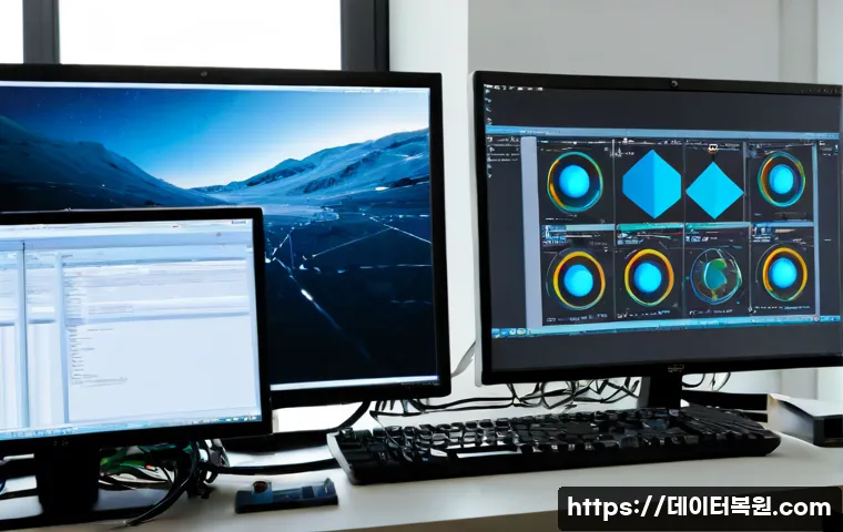 목동 STATUS_KERNEL_MODULE_FAILURE - Photorealistic IT support workstation in a quiet Mokdong apartment office, dual monitors showing abs...