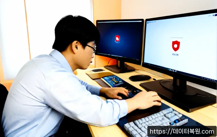 망원동 STATUS_SECURITY_POLICY_VIOLATION - Photorealistic remote-support workstation in a compact Mangwon neighborhood design studio, dual moni...