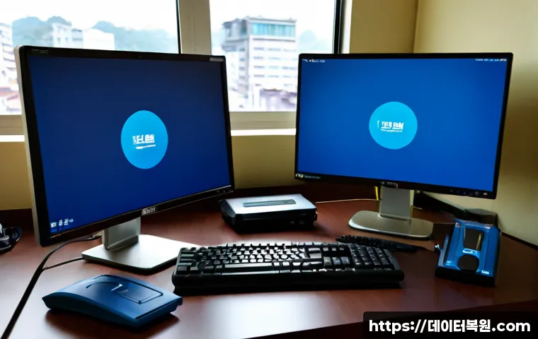 중림동 PAGE_TABLE_CORRUPT - Photorealistic IT support workstation in a compact Jungnim-dong office, dual monitors showing abstra...