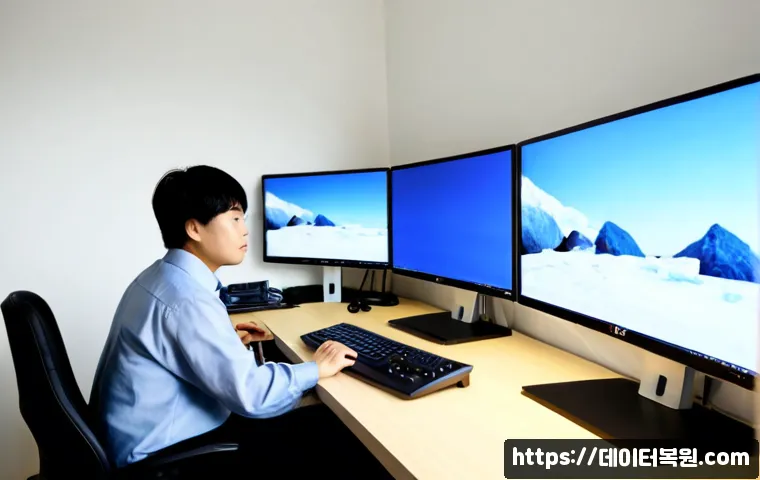 적선동 CLOCK_WATCHDOG_TIMEOUT - Photorealistic IT support workstation in a compact Jongno-style office, dual monitors with one showi...