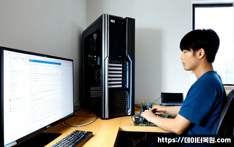 덕은동 컴퓨터업그레이드 - Photorealistic desktop computer upgrade service in a bright Deogeun-dong apartment workspace, techni...