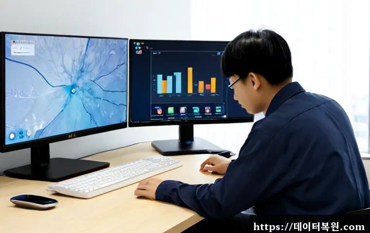 지영동 STATUS_SESSION_TIMEOUT - Photorealistic remote support workstation in a compact Jiyeong-dong office, dual monitors showing a ...