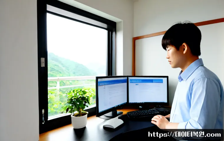 송정동 STATUS_FILE_READ_FAILURE - Photorealistic remote-support workstation in a compact Songjeong-dong apartment office, dual monitor...