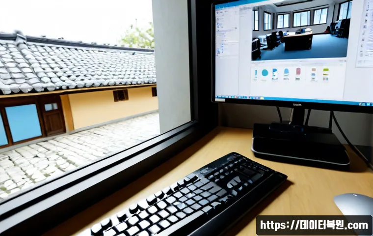 사간동 Press Ctrl Alt Del to restart - Photorealistic remote IT support workstation in a quiet Sagan-dong design studio, frozen desktop mon...