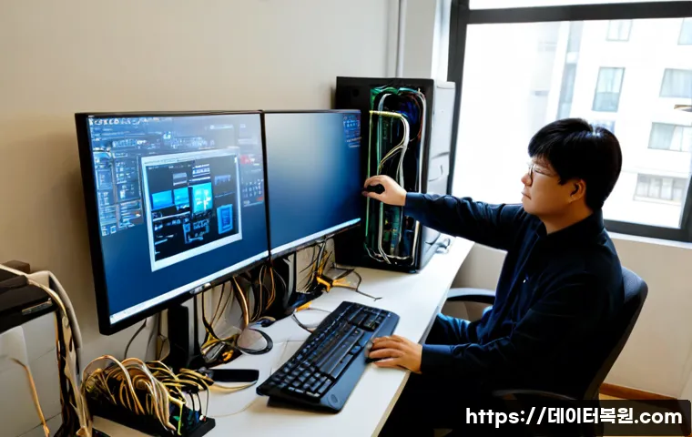 용문동 STATUS_KERNEL_DRIVER_CORRUPTION - Photorealistic IT support workstation in a compact Yongmun-dong office, dual monitors showing abstra...