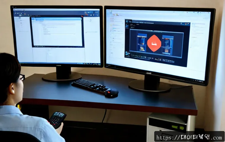 초월읍 STATUS_INVALID_SESSION - Photorealistic remote support workstation in a quiet suburban office near low wooded hills, dual mon...