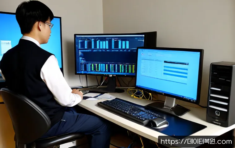 내유동 bootdevice - Photorealistic IT support workstation in a quiet Naeyu-dong office, technician checking a desktop co...