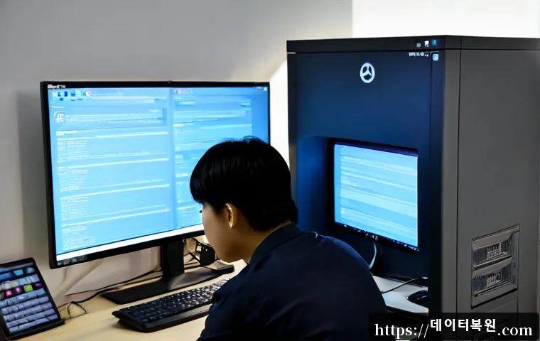 대방동 STATUS_NETWORK_ACCESS_DENIED - Photorealistic IT support workstation in a compact Daebang-dong office, frustrated technician viewin...