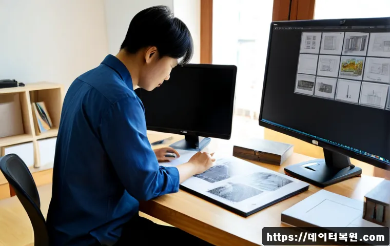 소격동 부팅불가 - Photorealistic compact design studio near a quiet traditional courtyard district, modern desktop wor...