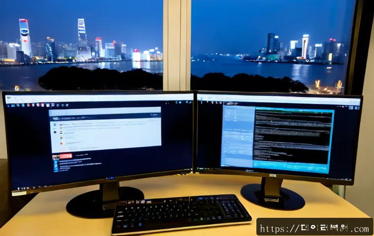 자양동 UNMOUNTABLE_BOOT_VOLUME - Photorealistic remote-support workstation in Jayang-dong, Seoul, dual monitors showing a blank recov...