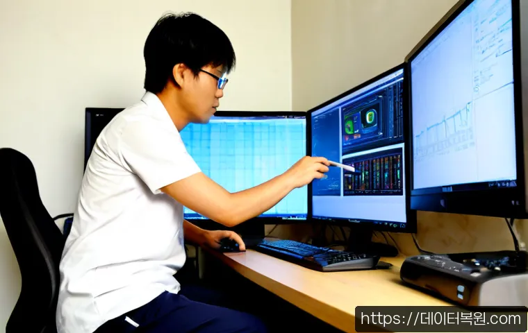 동교동 팬돌다 멈춤 - Photorealistic IT support workstation in a compact Donggyo-dong studio office, desktop PC tower with...