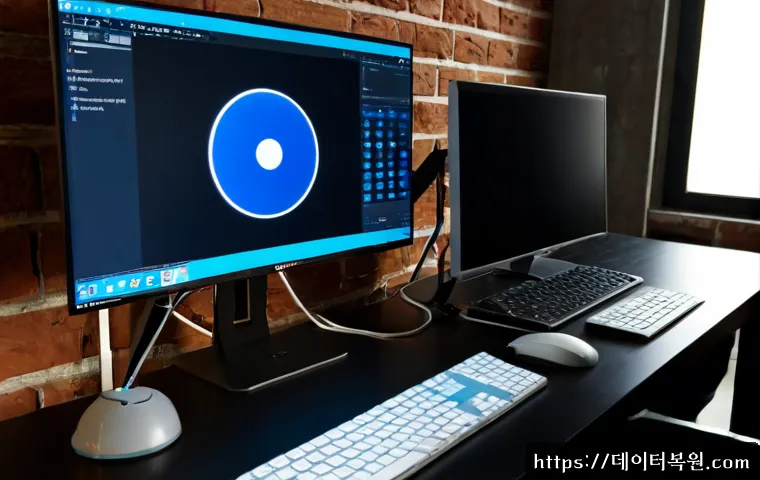 상수동 STATUS_KERNEL_DEVICE_ERROR - Photorealistic desktop workstation in a compact Hongdae-area design studio, ultrawide monitor showin...
