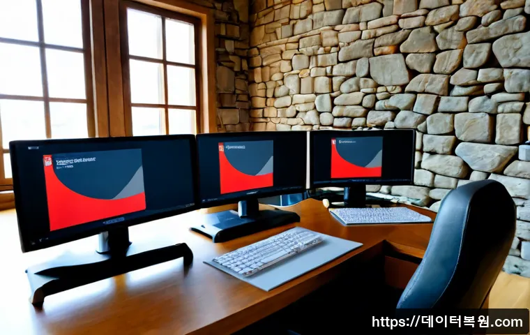 정동 STATUS_SECURITY_POLICY_VIOLATION - Photorealistic IT security analyst at a modern dual-monitor workstation, examining a red access-deni...