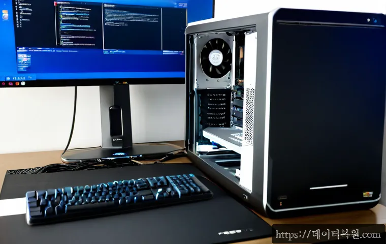 홍익동 UNMOUNTABLE_BOOT_VOLUME - Photorealistic IT support workstation in a compact Hongdae-style creative studio, desktop tower open...