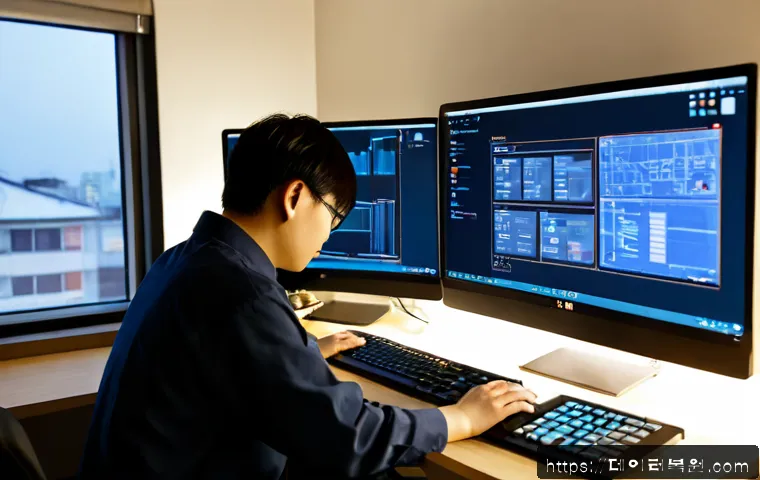 인수동 STATUS_KERNEL_PERMISSION_DENIED - Photorealistic IT support workstation in a compact Insu-dong apartment office, dual monitors display...