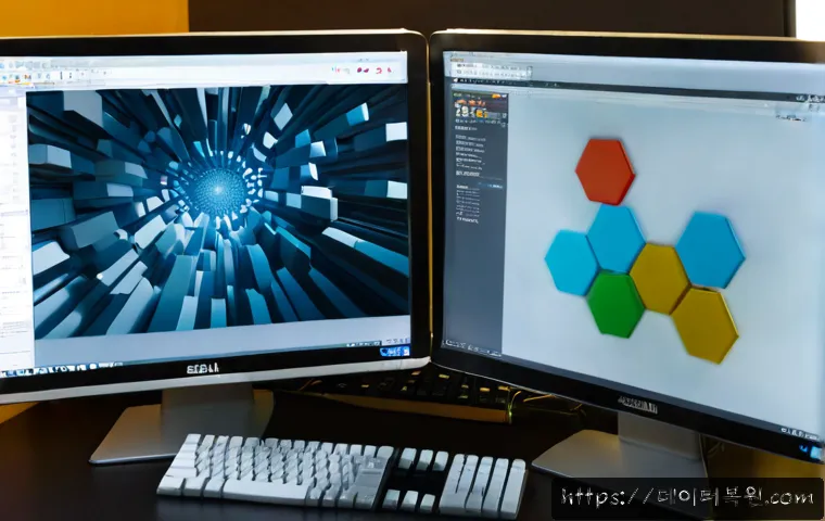 과해동 STATUS_STACK_UNDERFLOW - Photorealistic IT support workstation in Gangnam, Seoul, dual monitors showing a frozen abstract 3D ...