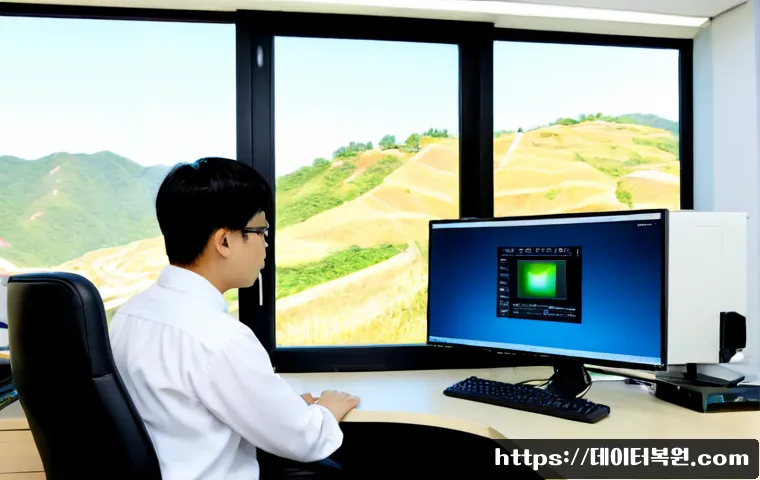 성북구 INVALID_KERNEL_HANDLE - Photorealistic IT support workstation in a compact Seongbuk district office, dual monitors showing a...