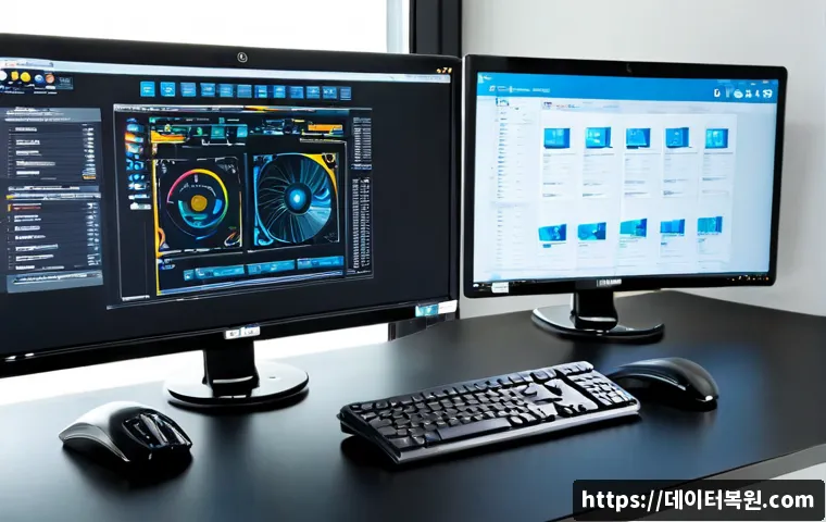 마곡동 Press Ctrl Alt Del to restart - Photorealistic IT support workstation in a modern Magok business campus office, dual monitors showin...