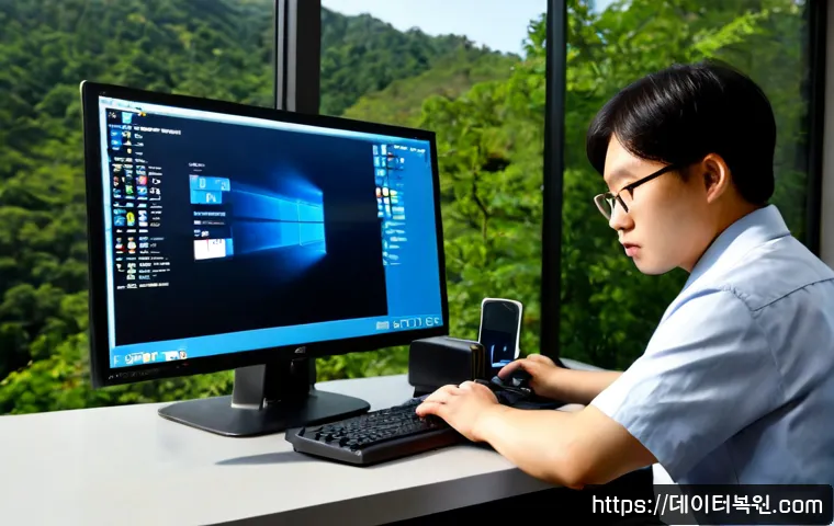 염곡동 NTLDR is compressed - Photorealistic IT support workstation in a modern office near a wooded hillside district, technician...