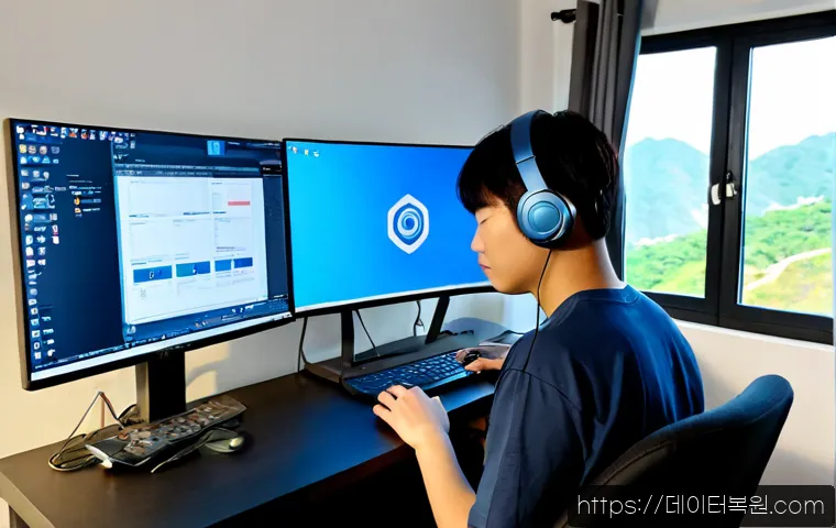 냉천동 STATUS_INVALID_SESSION - Photorealistic remote-support workstation in a compact apartment office, dual monitors showing a cle...