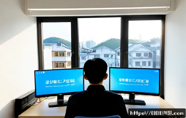 신도동 STATUS_KERNEL_DATA_CORRUPTION - Photorealistic IT support workstation in a compact Sindong-dong apartment office, dual monitors show...