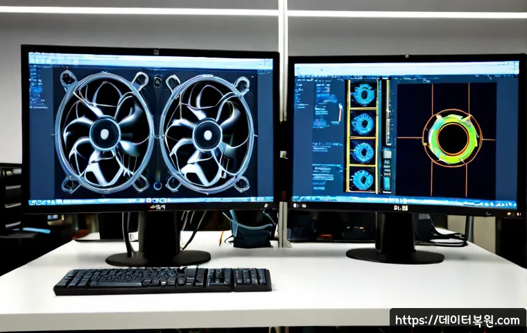 합동 WIN32K_LOCK_HELD_TOO_LONG - Photorealistic IT support workstation, dual monitors showing a frozen CAD-style mechanical assembly ...