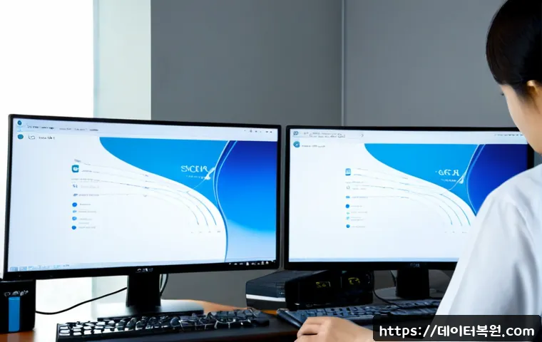 신교동 NDIS_INTERNAL_ERROR - Photorealistic IT support workstation in a compact Seoul riverside office, dual monitors showing abs...