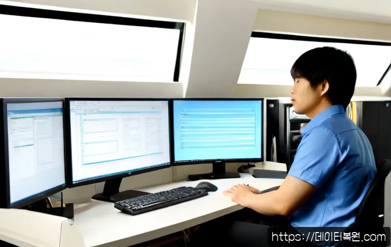 신문로 NTFS_FILE_SYSTEM - Photorealistic IT support workstation in a quiet Newmunro office, dual monitors showing abstract dis...