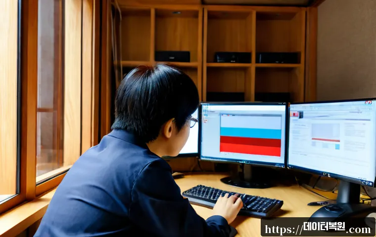 견지동 STATUS_UNSUCCESSFUL - Photorealistic remote-support workstation in a quiet Jongno district office, IT specialist examining...
