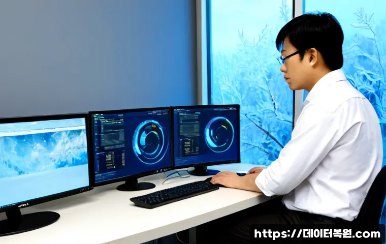 상암동 CLOCK_WATCHDOG_TIMEOUT - Photorealistic IT support workstation in a modern Sangam digital-media office, dual monitors showing...