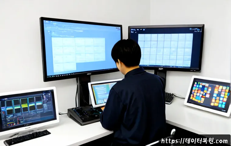 계동 DRIVER_CAUGHT_MODIFYING_FREED_POOL - Photorealistic remote-support workstation in a compact Gye-dong design studio, dual monitors showing...