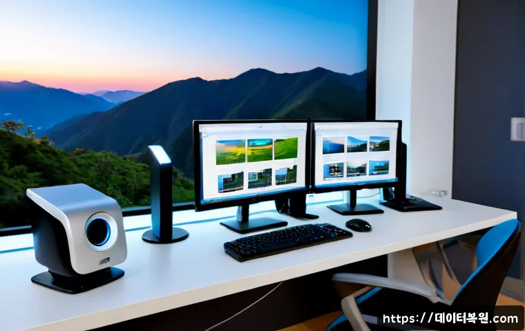북한동 STATUS_KERNEL_FILE_SYSTEM_ERROR - Photorealistic IT support workstation in a compact apartment office near a quiet mountain-edge neigh...