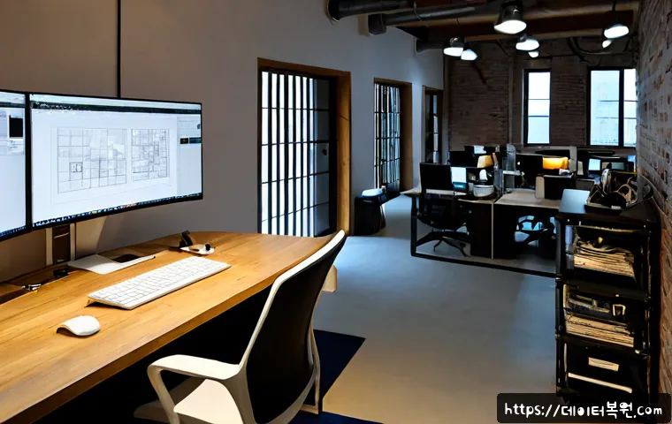 상수동 STATUS_KERNEL_POWER_FAILURE - Photorealistic compact design studio in Sangsudong, architect at a powerful desktop workstation with...
