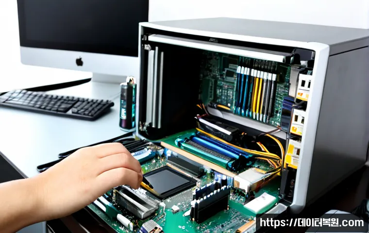 강남구 맥미니 판매 및 수리 - Photorealistic premium electronics repair workstation in Gangnam-gu, Seoul, a compact silver mini de...