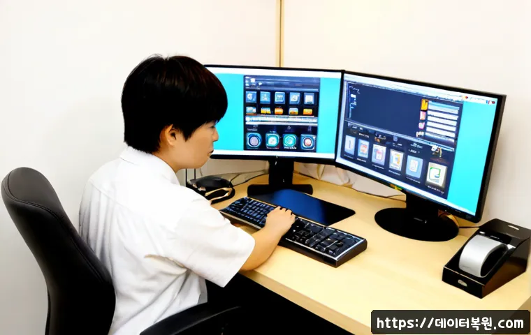 저동 STATUS_PRIVILEGED_INSTRUCTION - Photorealistic remote IT support workstation in a compact Euljiro-style office, technician using dua...