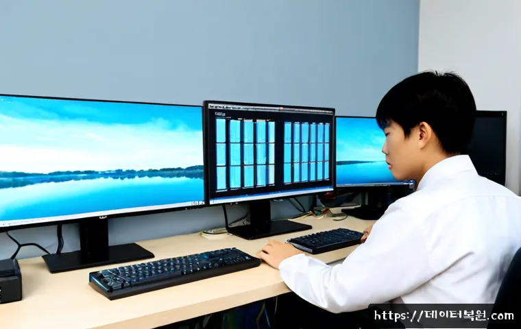 행주동 KERNEL_SECURITY_CHECK_FAILURE - Photorealistic IT support workstation in a quiet riverside district near Haengju, dual monitors show...