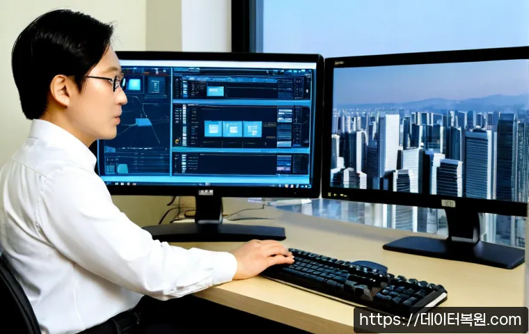 문원동 STATUS_STACK_UNDERFLOW - Photorealistic Korean office workstation, anxious IT specialist reviewing a complex 3D architectural...